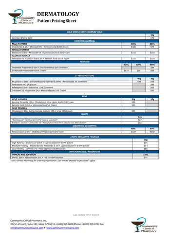 Dermatological Patient Pricing Sheet (Community Clinical)