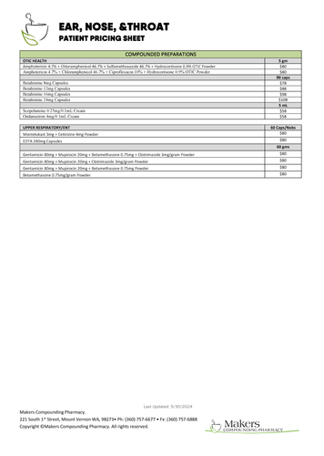 Patient Pricing Sheet - ENT (Makers)