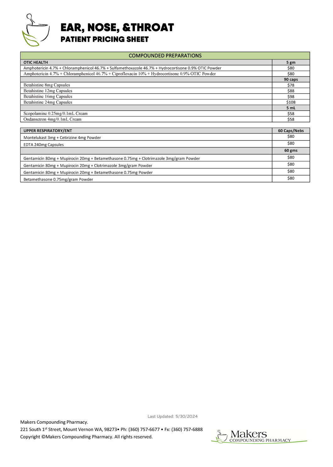 Patient Pricing Sheet - ENT (Makers)