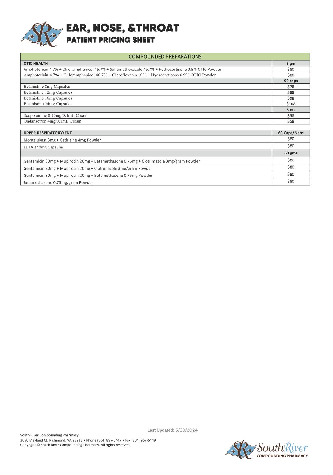 ENT Patient Pricing (South River)