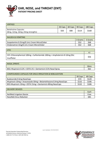 ENT Patient Pricing (Pharmacy Specialists)