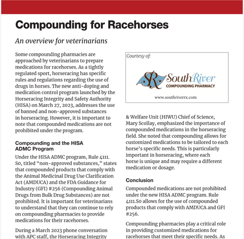 Prescriber Brief - Compounding for Racehorses – South River