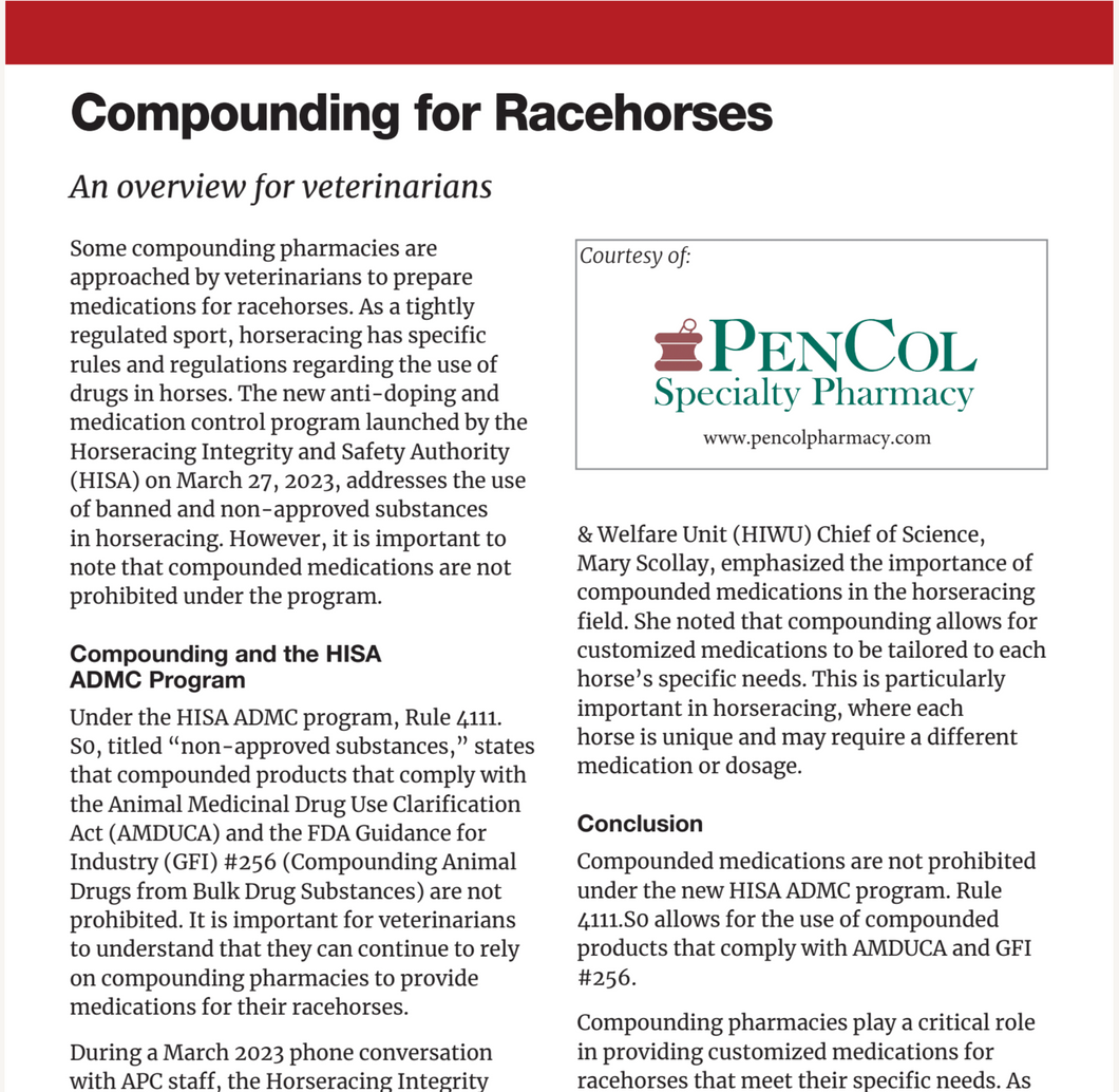 Prescriber Brief - Compounding for Racehorses - Pencol