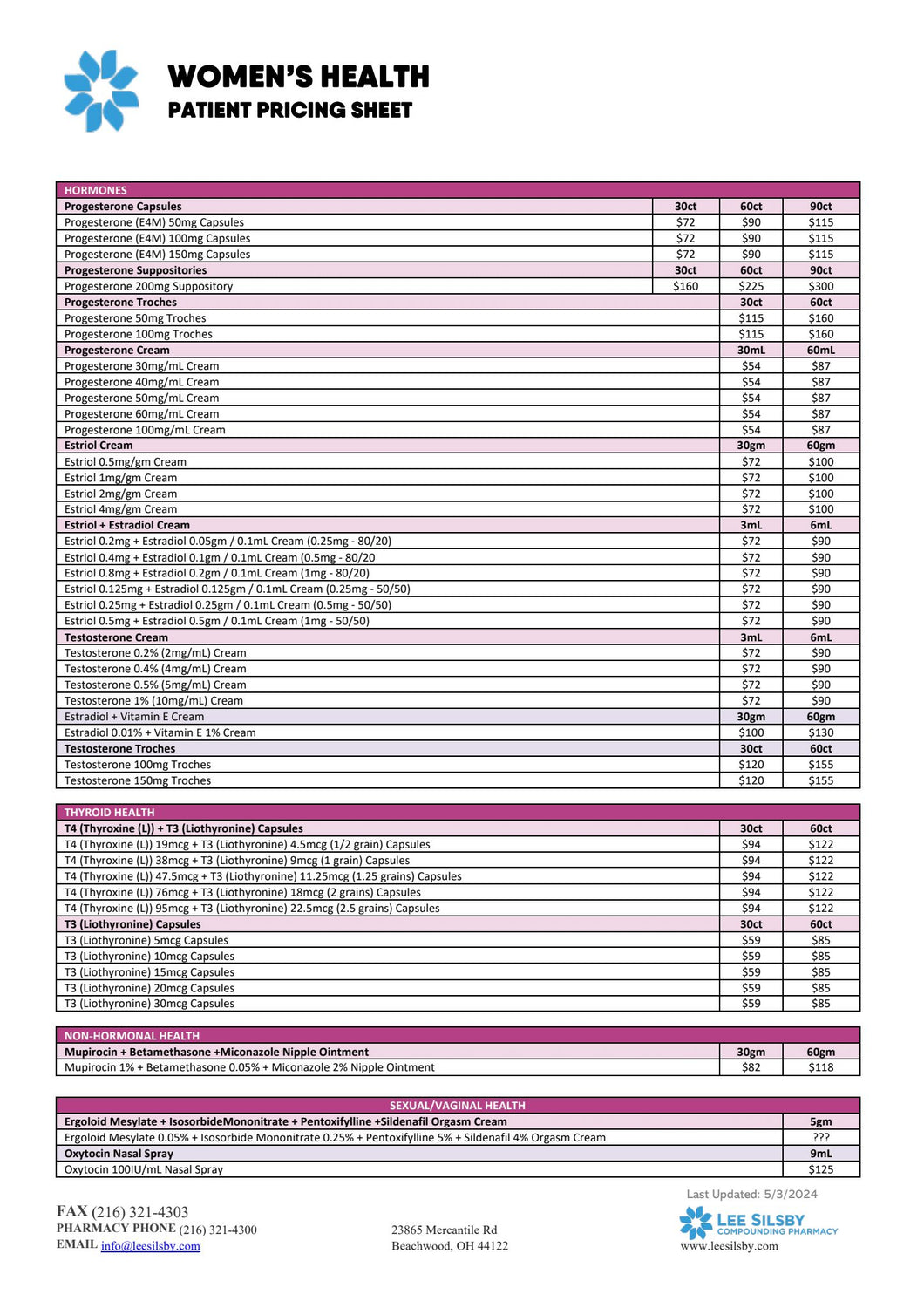 Lee Silsby Women's Health Patient Pricing