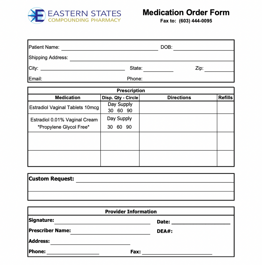 Eastern States - RX Template -  BHRT Medication Order Form